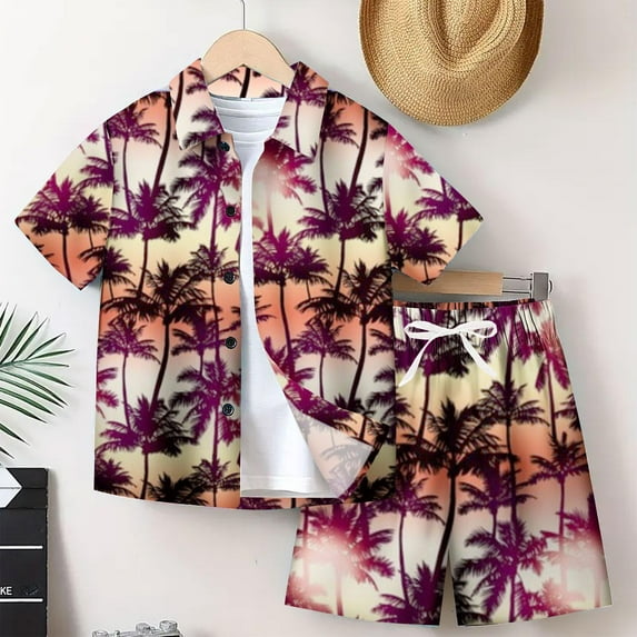 Tdoqot Boys Hawaii Shirts and Shorts Outfit Sets- Summer Casual Fashion Button Down Kids Beach Vacation Clothes Brown Size 9-10