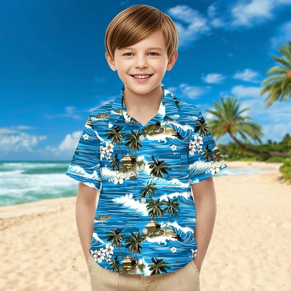 Tdoqot Boys Hawaiian Shirts with Pocket- Button Down Casual Summer Short Sleeve Kids Beach Shirts Vacation Clothes Blue Size 3