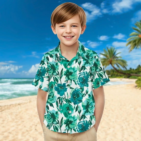 Tdoqot Boys Hawaiian Shirts with Pocket- Casual Short Sleeve Button Down Summer Kids Beach Shirts Vacation Clothes Green Size 12