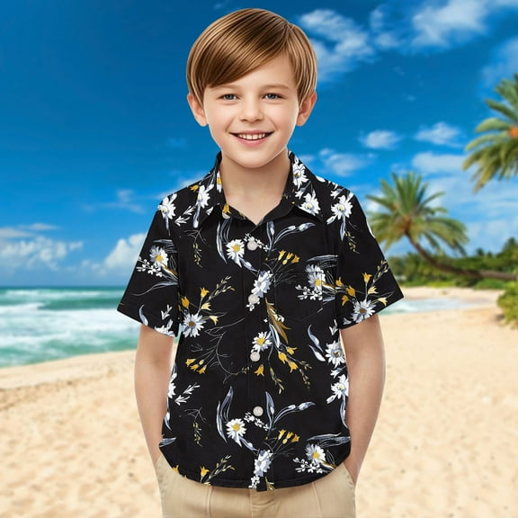 Tdoqot Boys Hawaiian Shirts with Pocket- Short Sleeve Button Down Summer Casual Kids Beach Shirts Vacation Clothes Black Size 10