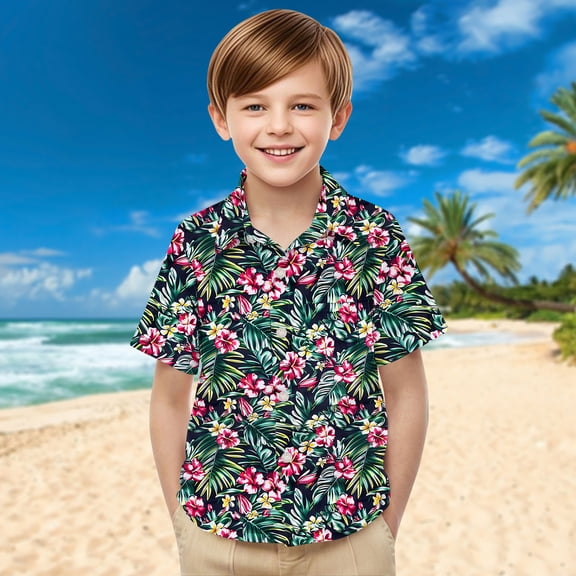 Tdoqot Boys Hawaiian Shirts with Pocket- Summer Short Sleeve Casual Button Down Kids Beach Shirts Vacation Clothes Green Size 2