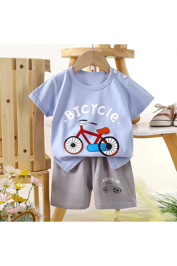 Boys Outfit Sets 2 Piece- Short Sleeve Cotton Cute Kids Summer Clothes T Shirts and Shorts Blue Size 6 T