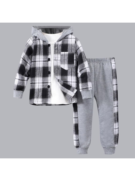 Boys Outfits Set 2 PC- Long Sleeve Casual Plaid Kids Hoodies and Sweatpants Multicolor Size 5 T