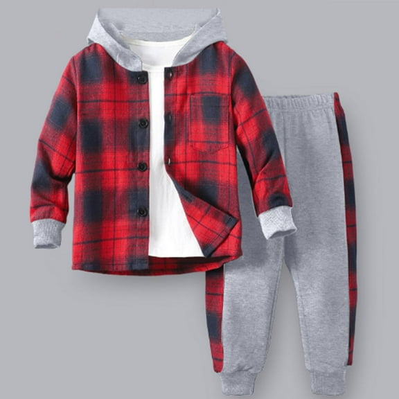 Tdoqot Boys Outfits Set 2 PC- Plaid Casual Long Sleeve Kids Hoodies and Sweatpants Multicolor Size 5 T