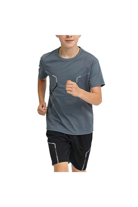 Boys Summer Active Sets- Short Sleeve Quick Dry Breathable Kids T Shirts and Shorts Athletic Outfits Gray Size 14