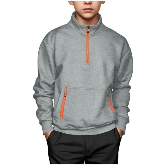 Tdoqot Boys Trendy Sweatshirt with Zipper Pocket- Long Sleeve Fashion Stand Collar Casual Kids Pullover Fall Tops Gray Size 14