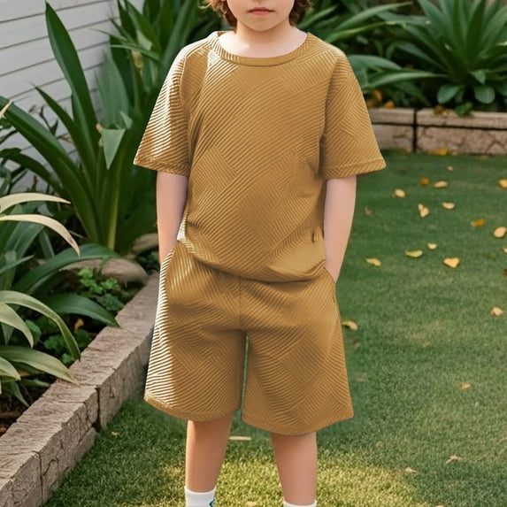 Tdoqot Boys Waffle Knit Outfit Sets- Casual Short Sleeve Summer Fashion Kids Ribbed T Shirts and Shorts Khaki Size 6