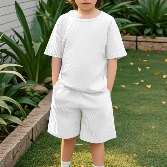 Tdoqot Boys Waffle Knit Outfit Sets- Short Sleeve Summer Fashion Casual Kids Ribbed T Shirts and Shorts White Size 8