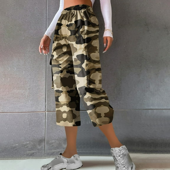Tdoqot Camo Capri Pants for Women- Casual Drawstring Straight Leg Elastic Waist Hiking Cargo Pants Size 2XL