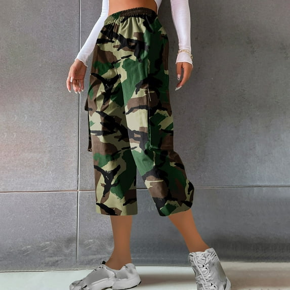 Tdoqot Camo Capri Pants for Women- Drawstring Elastic Waist Straight Leg Casual Hiking Cargo Pants Size S-3XL
