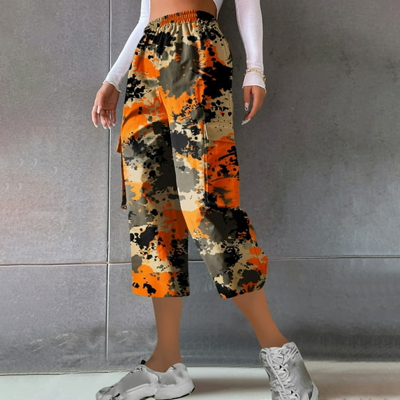 Tdoqot Camo Capri Pants for Women- Drawstring Elastic Waist Straight Leg Casual Hiking Cargo Pants Size XL