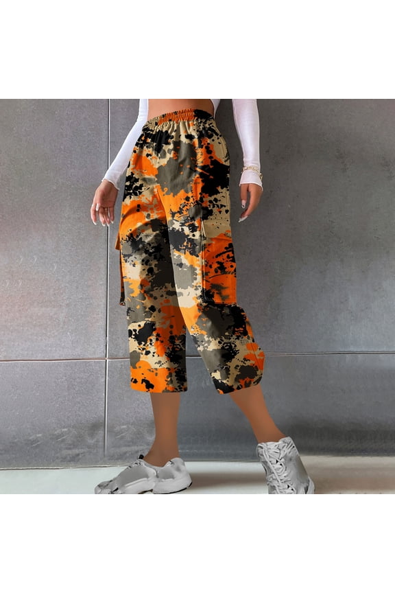 Camo Capri Pants for Women- Straight Leg Elastic Waist Casual Drawstring Hiking Cargo Pants Size L