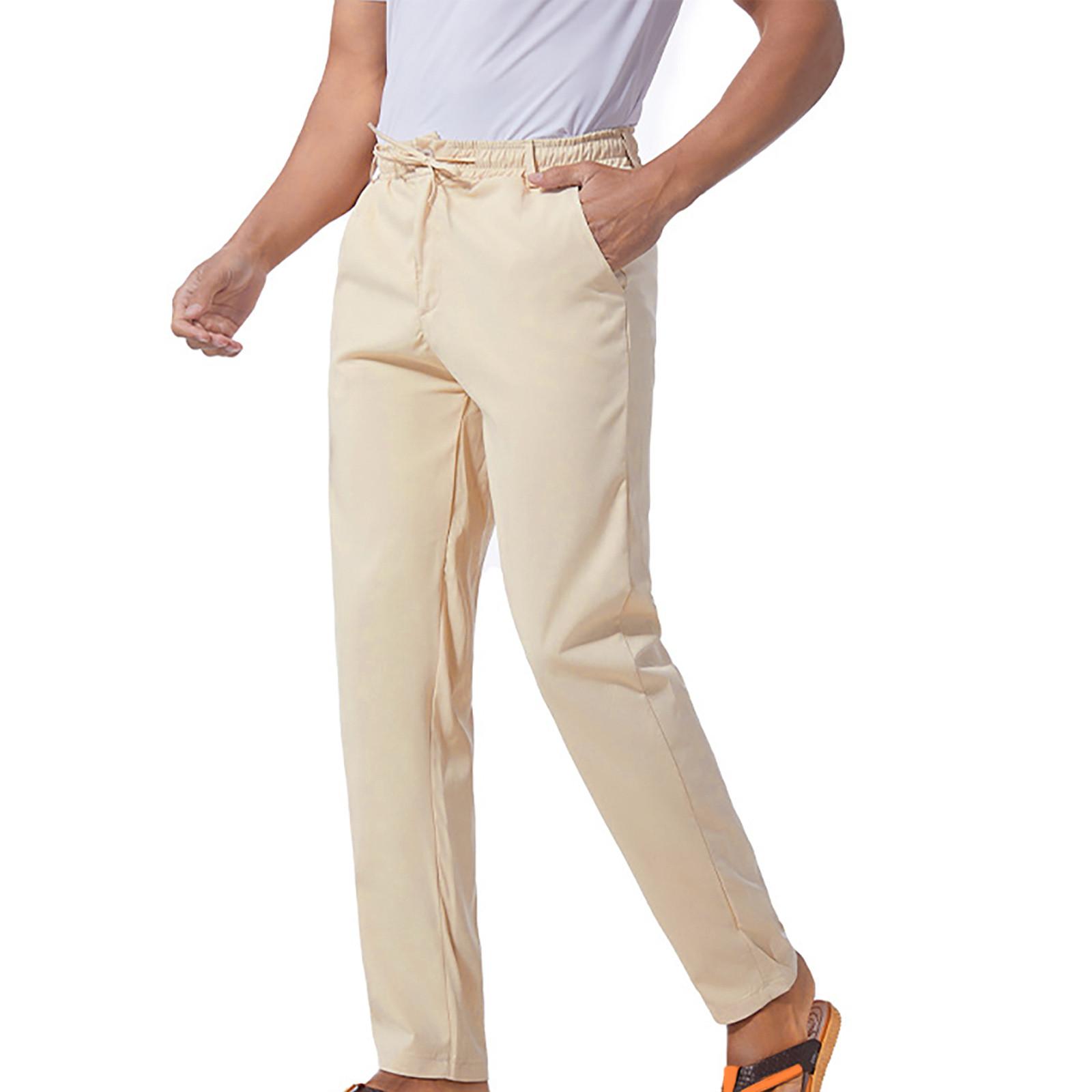 Tdoqot Chinos Pants Men- Cotton Drawstring Comftable Elastic Waist Slim Casual Mens Pants Beige - image 1 of 6