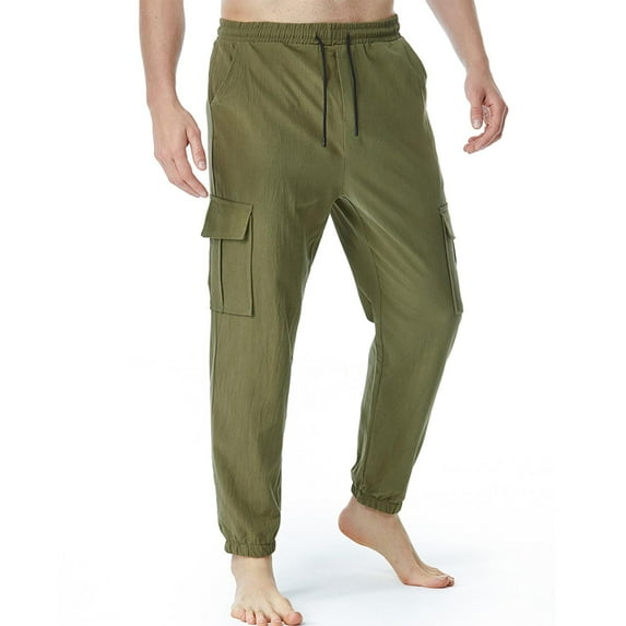Tdoqot Chinos Pants Men- Cotton with Pockets Drawstring Comftable Elastic Waist Home Casual Jogger Pants Army Green