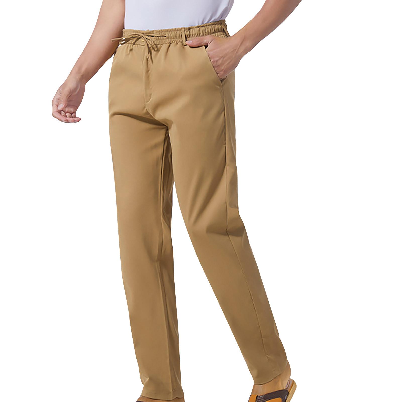 Tdoqot Chinos Pants Men- Drawstring Comftable Elastic Waist Slim Casual Cotton Mens Pants Khaki - image 1 of 6