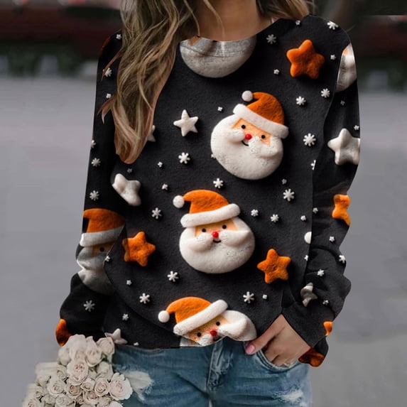 Tdoqot Christmas Sweatshirts for Women Jolly Plus Size Cute 3D Print Long Sleeve Crew Neck Winter Shirts Gift Tops Black Size M