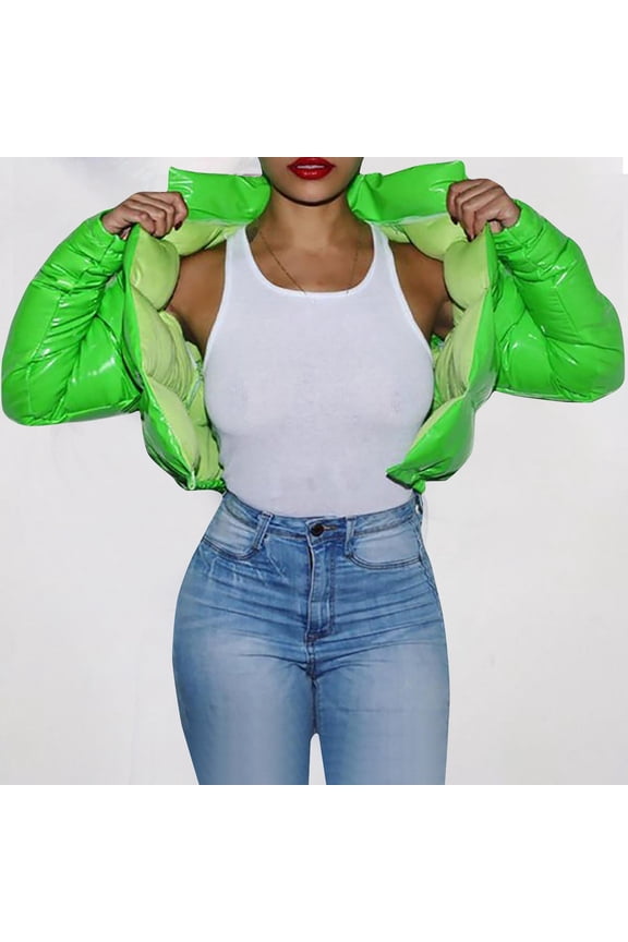 Cropped Quilted Jackets for Women- Zipper Trendy Coats Sexy Hoodless Long Sleeve Womens Outwear Green