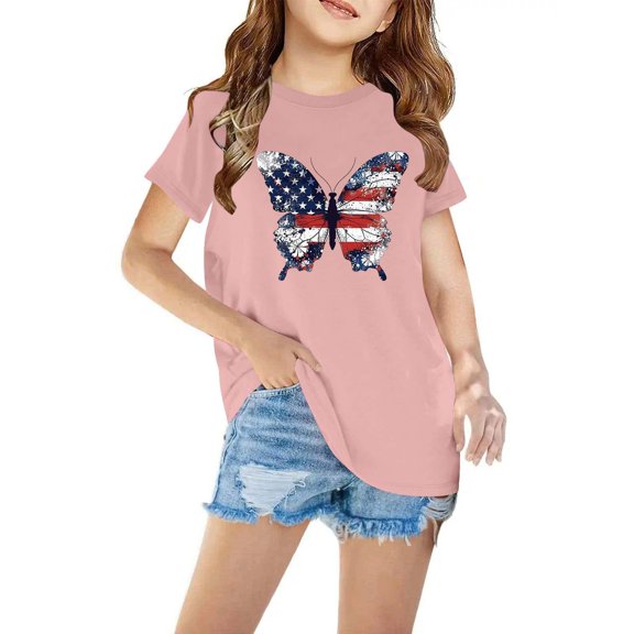 Tdoqot Girls 4th of July Shirts- Summer T Shirts Fashion Short Sleeve Cotton Kids Clothes Tops Pink Size 3 T