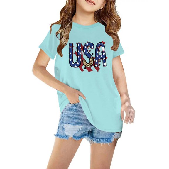 Tdoqot Girls 4th of July Shirts- Summer T Shirts Short Sleeve Fashion Cotton Kids Clothes Tops Blue Size 3 T