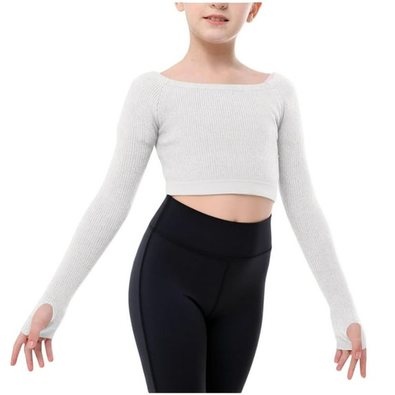 Tdoqot Girls Ballet Sweaters Cropped Tops- Cute Off The Shoulder Long Sleeve Warm Kids Dance Clothes White Size 10
