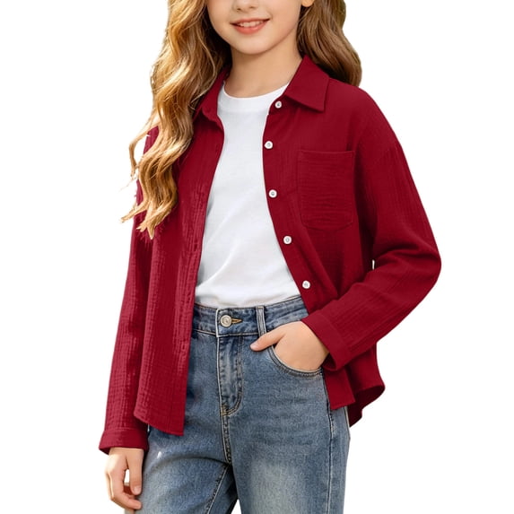 Tdoqot Girls Button Down Shirts with Pocket- Lapel Long Sleeve Loose Fit Casual Kids Fall Shirts Wine Size 10
