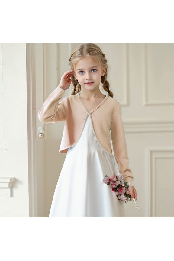 Girls Cardigan Sweaters- Casual Button Front Long Sleeve V-Neck Kids Fall Clothes Beige Size 6