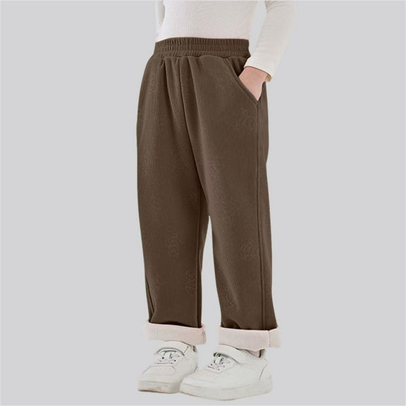 Tdoqot Girls Corduroy Pants Fleece Lined- Warm Wide Leg Casual Elastic Waistband Winter Pants Khaki Size 8