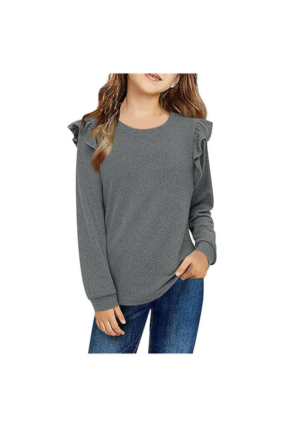 Girls Cotton T Shirts with Ruffle- Crewneck Casual Long Sleeve Fashion Kids Spring Clothes Tops Gray Size 4-12