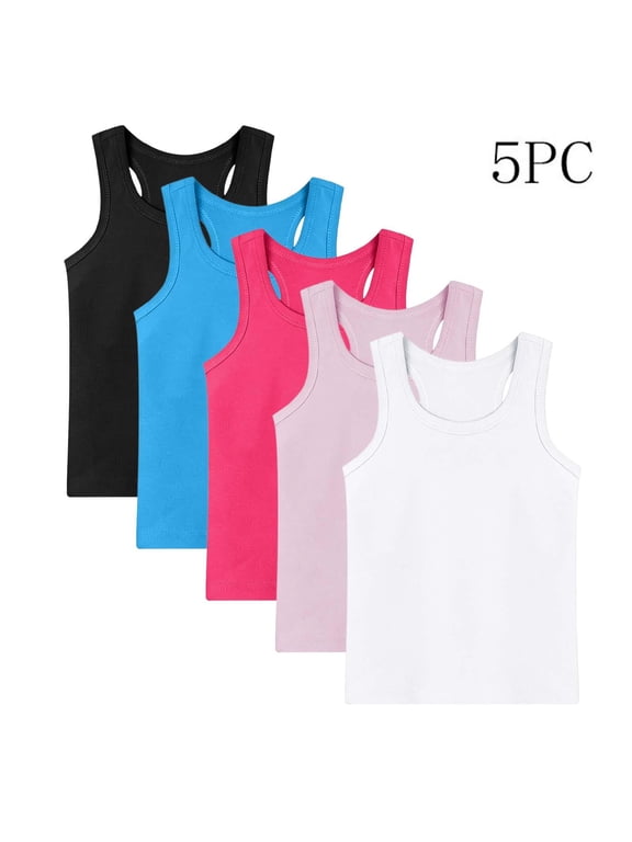 Girls Cotton Tank Tops 5 PC- Sleeveless Racerback Crewneck Casual Kids Summer Undershirts Multicolor Size 8