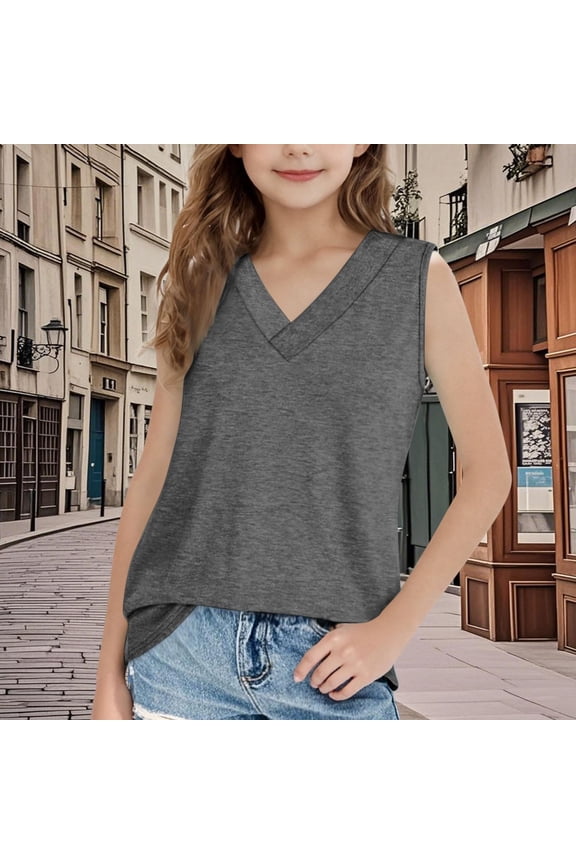 Girls Cotton Tank Tops- Sleeveless Soft Casual V-Neck Kids Summer Shirts Gray Size 6