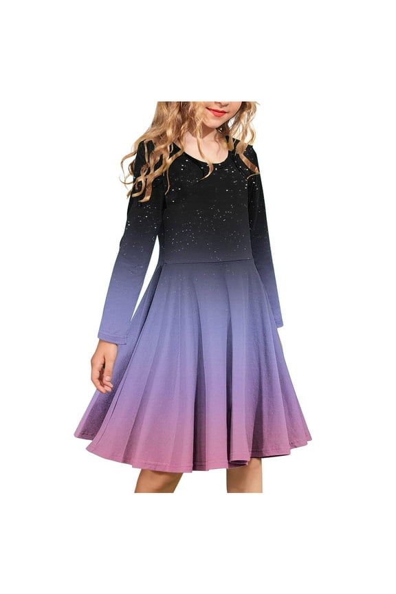 Girls Fashion Party Dresses- Flowy Crewneck Long Sleeve Casual School Skater Dress Purple Size 14