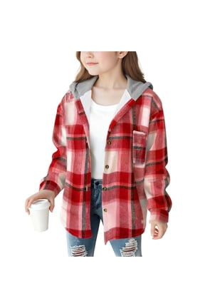 Girls Flannel Jacket Sherpa Lined with Hood- Plaid Fashion Casual Button Down Fall Jacket Red Size 12