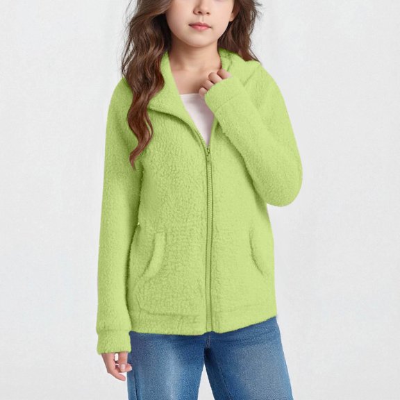 Tdoqot Girls Fleece Jackets with Hood- Casual Warm Lightweight Zip Up Kids Fall Winter Outwear Green Size 14