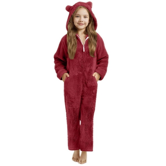 Tdoqot Girls Fleece Pajamas One Piece- Cute Zip Up Long Sleeve Warm Kids Winter Jumpsuits Wine Size 10