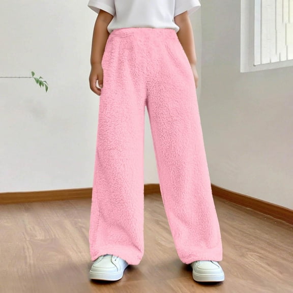 Tdoqot Girls Fleece Pants with Pockets- Casual Baggy Elastic Waist Wide Leg Winter Lounge Pants Pink Size 8