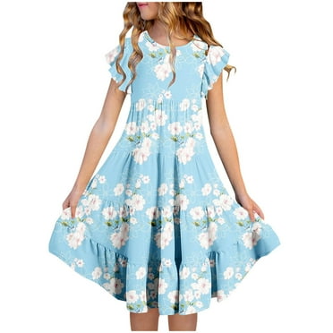 Tdoqot Girls Floral Dresses- Casual Cute Summer Short Sleeve Flowy Dresses Light Blue Size 14