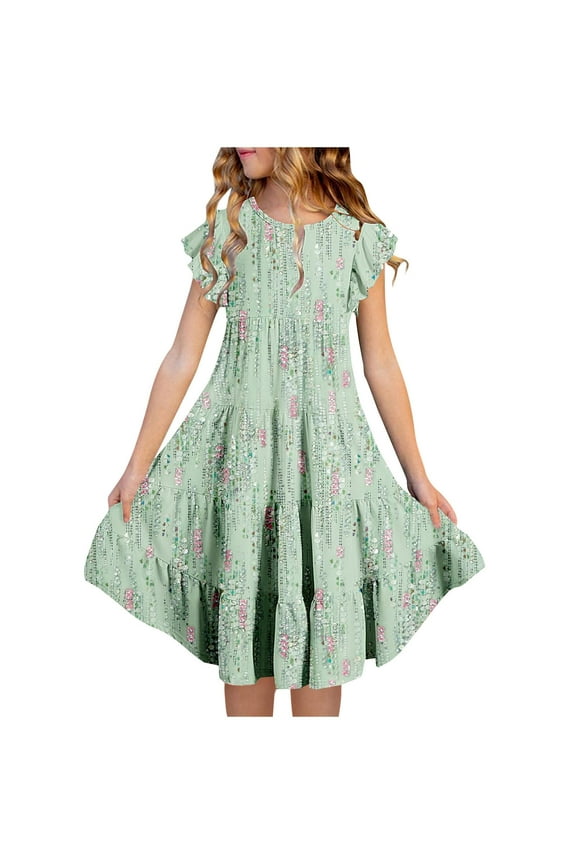 Girls Floral Dresses- Casual Summer Short Sleeve Cute Flowy Dresses Green Size 12