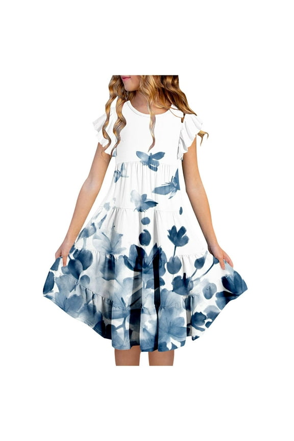Girls Floral Dresses- Summer Short Sleeve Casual Cute Flowy Dresses White Size 14