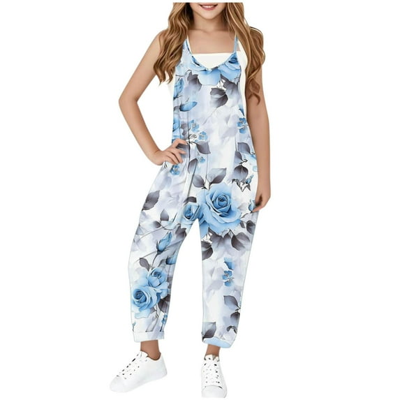 Tdoqot Girls Floral Jumpsuit with Pockets- Wide Leg Halter Cute Casual Kids Overalls Gray Size 10