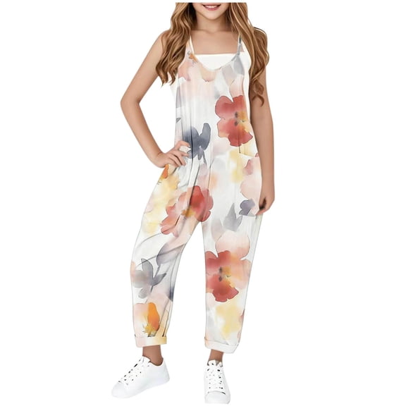 Tdoqot Girls Floral Jumpsuit with Pockets- Wide Leg Halter Cute Casual Kids Overalls Orange Size 12