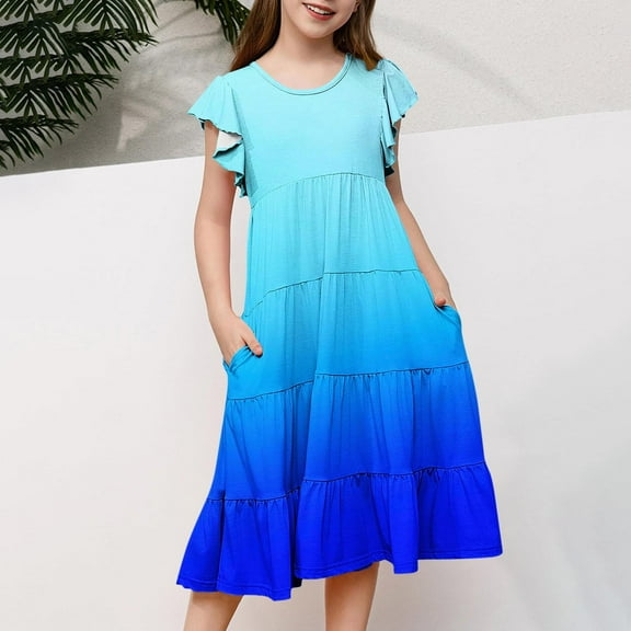 Tdoqot Girls Gradient Dresses- Fashion Flowly Short Sleeve Casual Kids Suumer Dress Blue Size 12