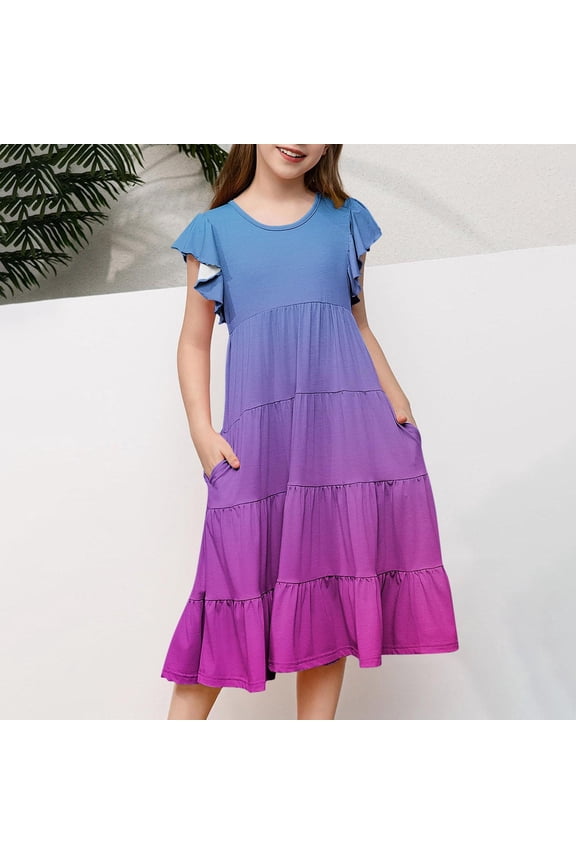 Girls Gradient Dresses- Short Sleeve Flowly Casual Fashion Kids Suumer Dress Dark Blue Size 8