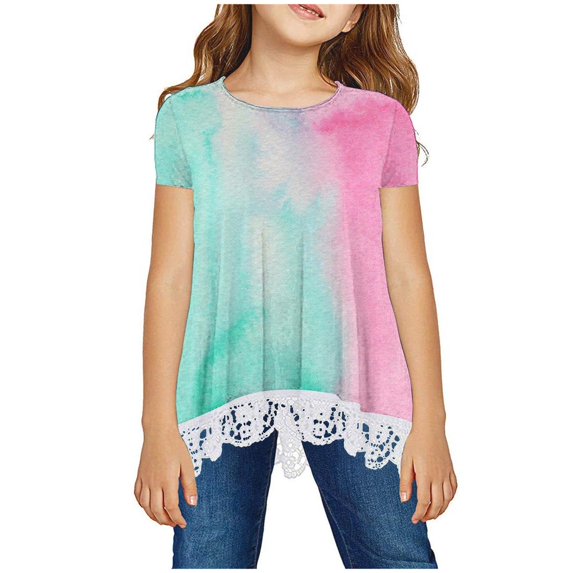 Tdoqot Girls Gradient T-shirts- Casual Fashion Summer Short Sleeve Kids Lace Tops Multicolor Size 5 Years