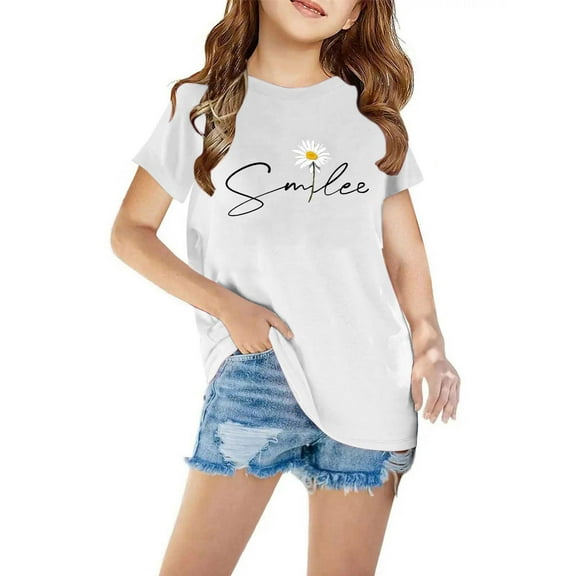 Tdoqot Girls Graphic Shirts- Short Sleeve Cotton Summer T Shirts Fashion Kids Clothes Tops White Size 4 T