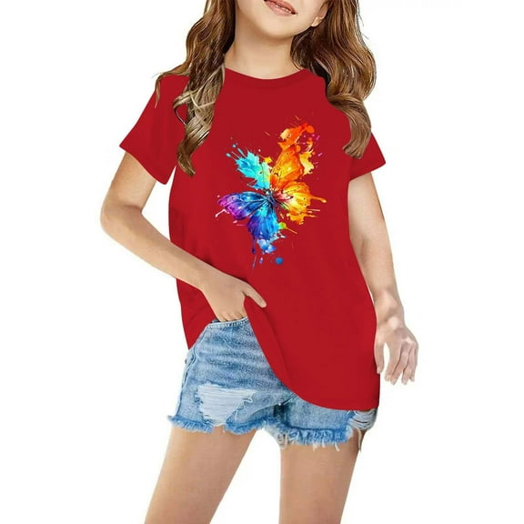 Tdoqot Girls Graphic Shirts- Short Sleeve Summer T Shirts Cotton Fashion Kids Clothes Tops Red Size 9-10