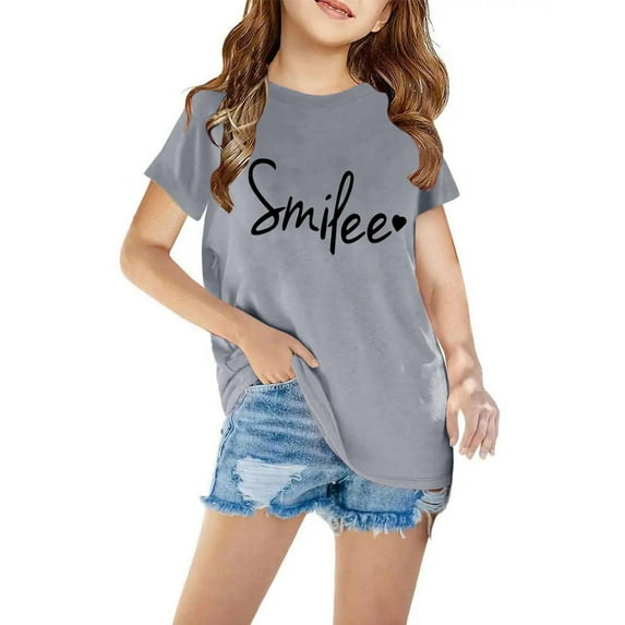 Tdoqot Girls Graphic Shirts- Summer T Shirts Fashion Short Sleeve Cotton Kids Clothes Tops Gray Size 11-12