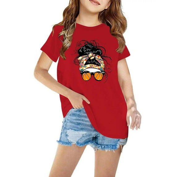 Tdoqot Girls Graphic T Shirts- Cute Cotton Trendy Short Sleeve Kids Summer Tops Red Size 5 T