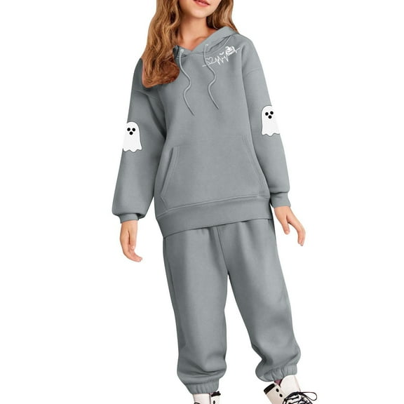 Tdoqot Girls Halloween Outfits Set- Cute Fashion Long Sleeve Loose Kids Clothes Sweatpants and Sweatshirt Gray Size 4 Years