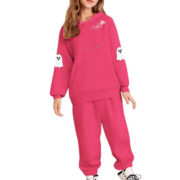 Tdoqot Girls Halloween Outfits Set- Long Sleeve Loose Cute Fashion Kids Clothes Sweatpants and Sweatshirt Hot Pink Size 12 Years