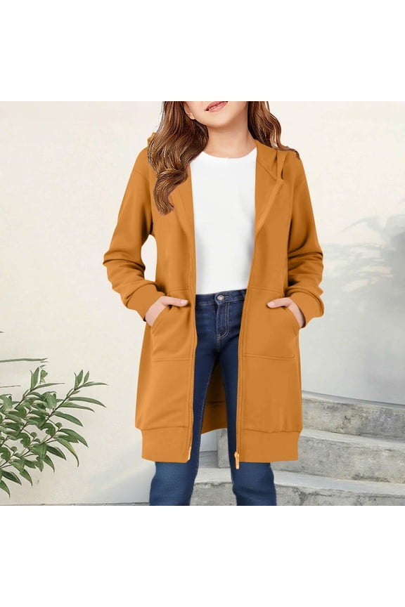 Girls Hoodie Long Jackets- Zip Up Casual Cute Fall Fashion Sweatshirt with Pockets Orange Size 8